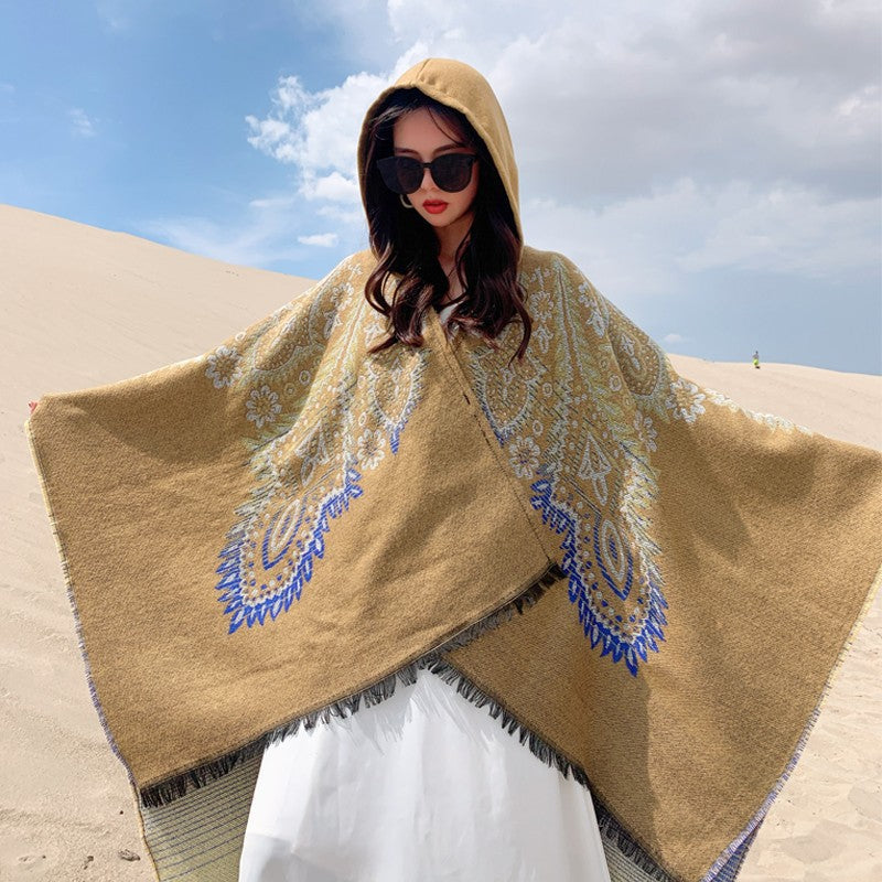 Damen Poncho mit Kapuze und kunstvollem Paisleymuster Drune