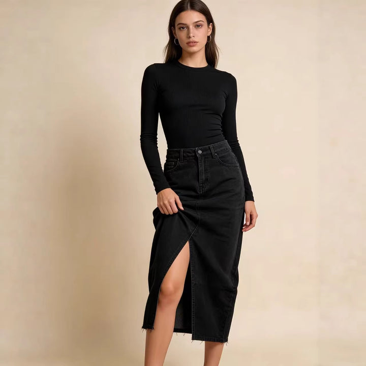 Damen Midi-Denim-Rock mit hohem Schlitz und fransigem Saum Drune