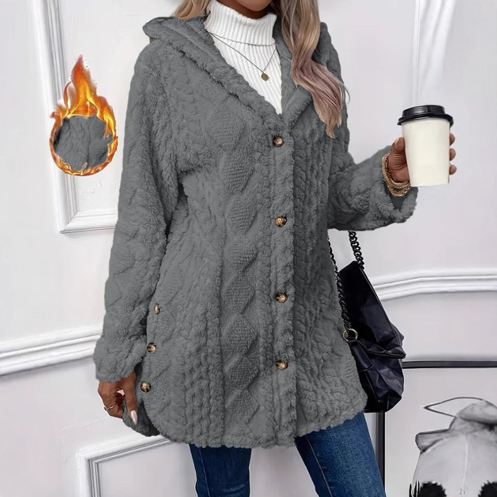 Damen kuscheliger Oversized-Mantel mit Kapuze und Knopfleiste Drune