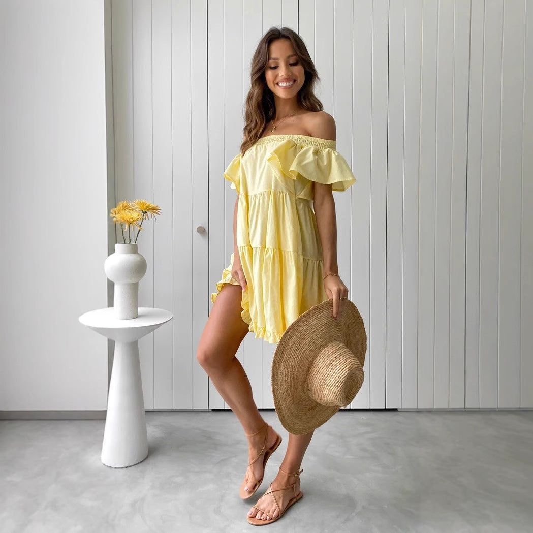 Damen Off-Shoulder Freizeitkleid mit Volant-Details Drune