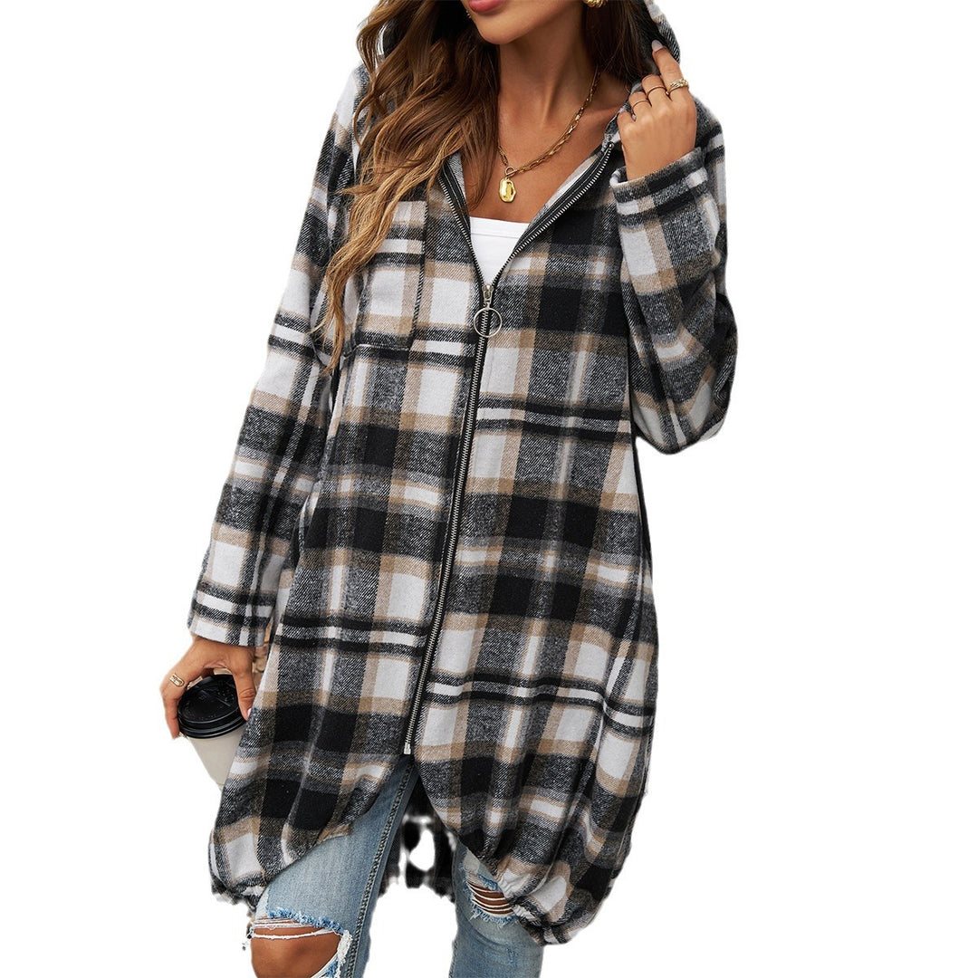 Damen Karierte Longjacke mit Kapuze und Taschen Drune