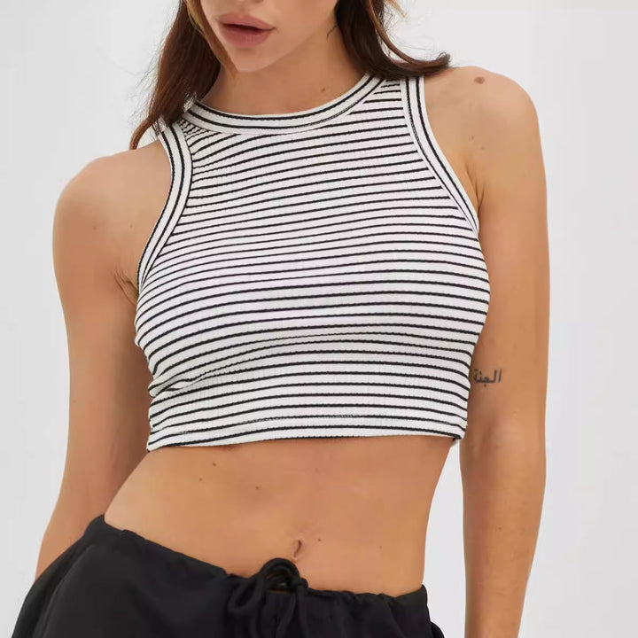 Damen cropped Tanktop mit modischem Streifenmuster und hohem Kragen Drune