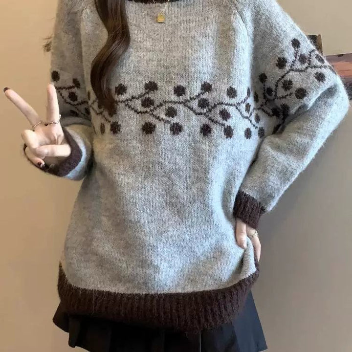 Damen Weicher Strickpullover mit floralem Muster und kontrastierenden Spitzen Drune