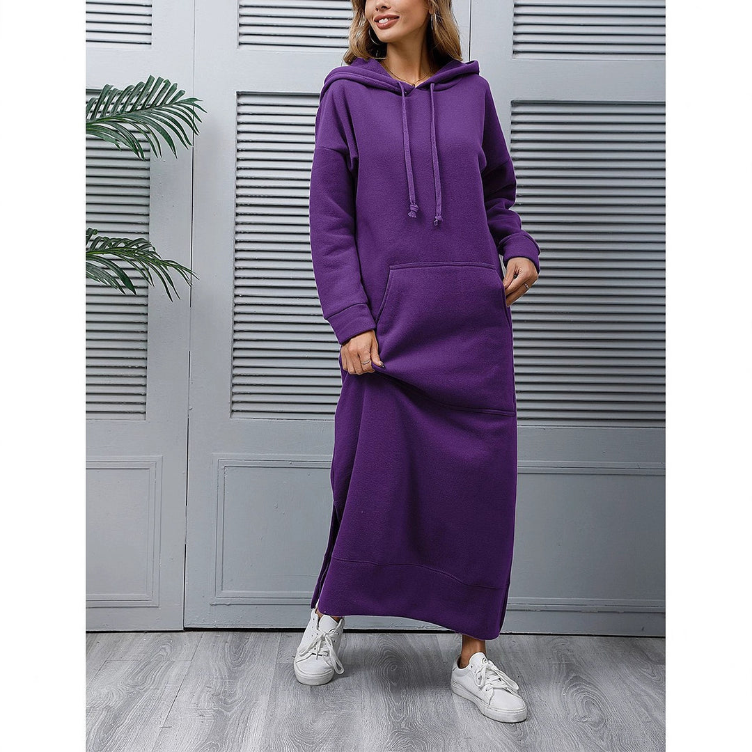 Damen nan langes Kapuzen-Sweatkleid mit Kängurutasche, Seitenschlitzen und lockerer Oversize-Passform Drune