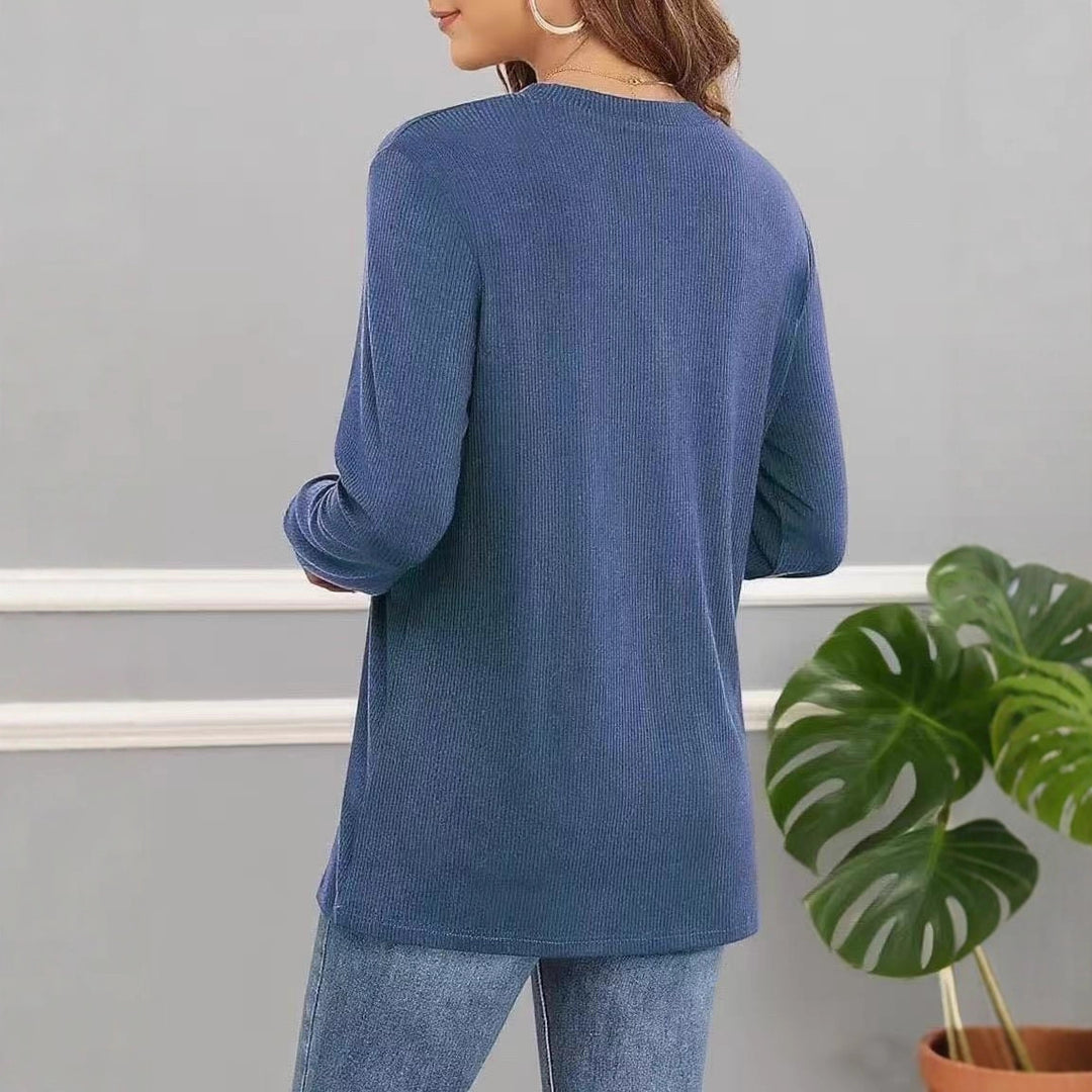 Damen lässiges Langarmshirt mit Knopfleiste und feiner Struktur Drune