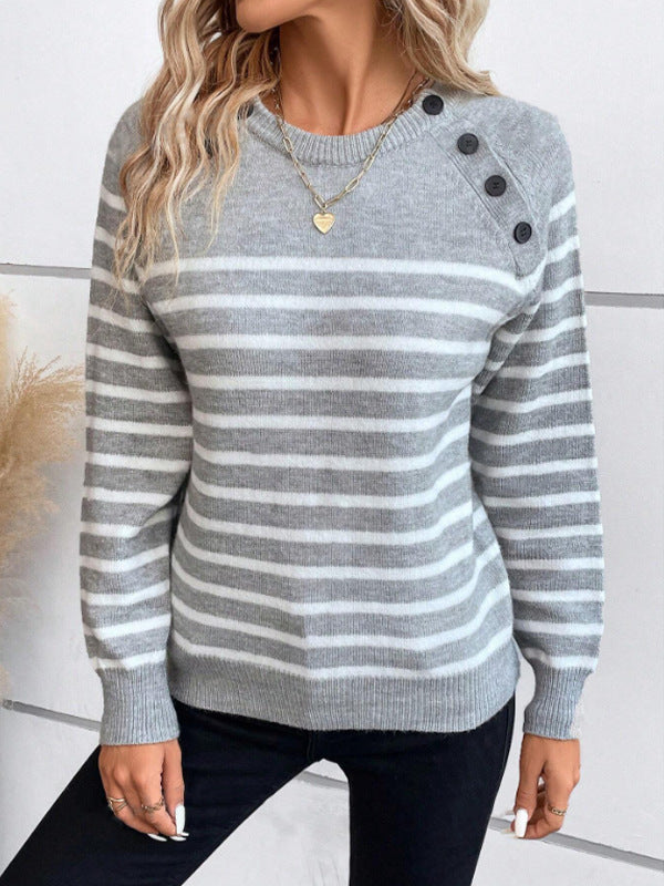 Damen gestreifter Pullover mit Knopfdetails und Rundhalsausschnitt Drune