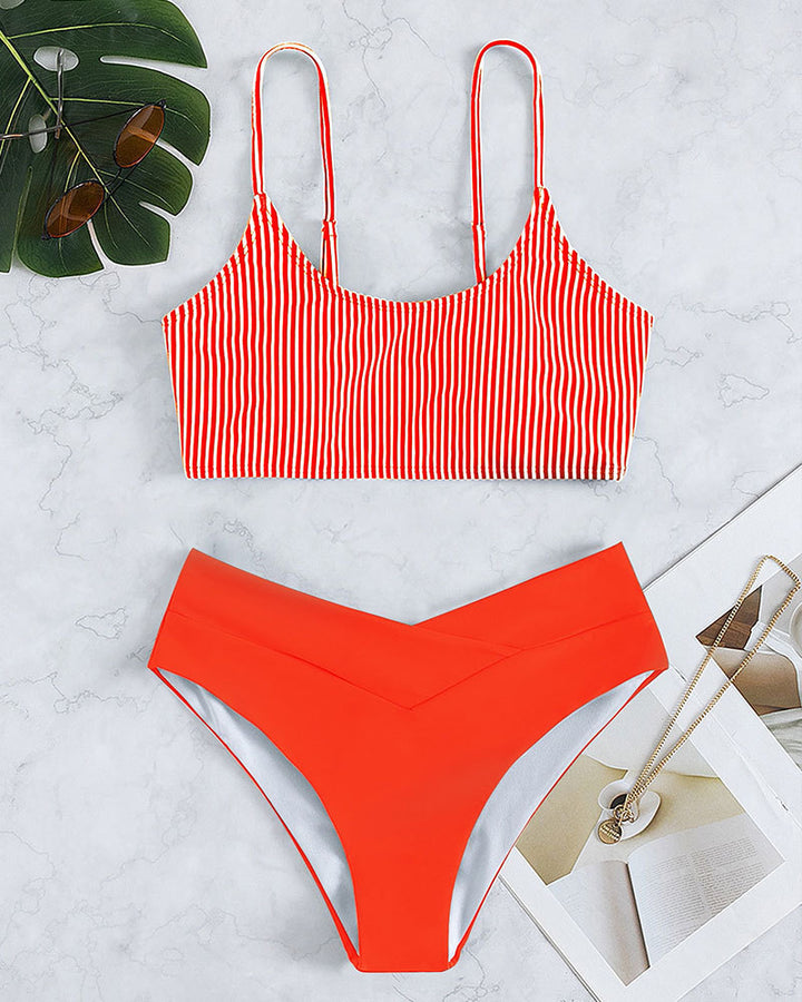 Damen Sport-Bikini-Set mit Streifenmuster und Hoher Taille Drune