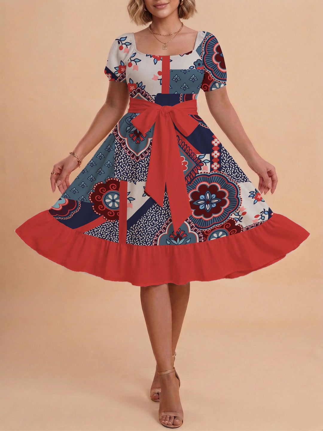 Damen Retro Maxikleid mit Puffärmeln und Taillengürtel Drune