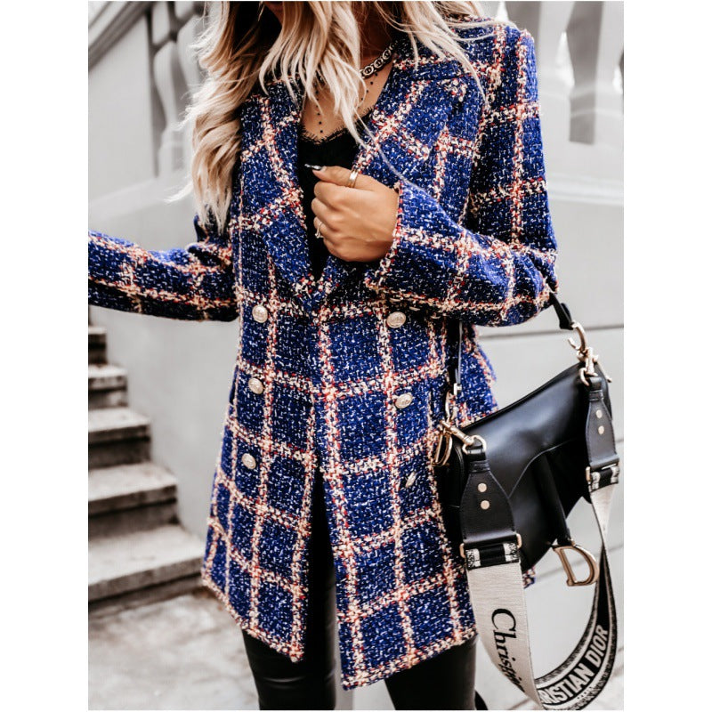 Damen Oversized kariertes Kompressionsblazer mit doppelter Knopfreihe Drune