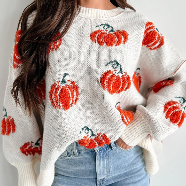 Damen Großer Strickpullover mit Kürbis-Motiv Drune
