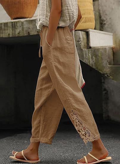 Damen luftige Leinenhose mit dekorativen Stickereien Drune