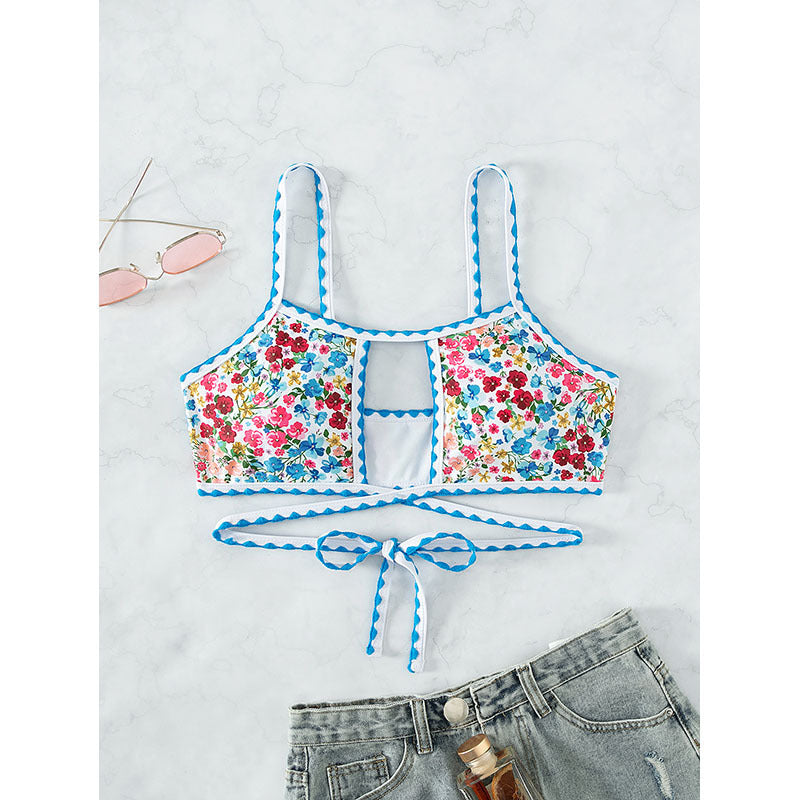 Damen Bikini-Oberteil mit floralem Design und verspielten Bindebändern Drune