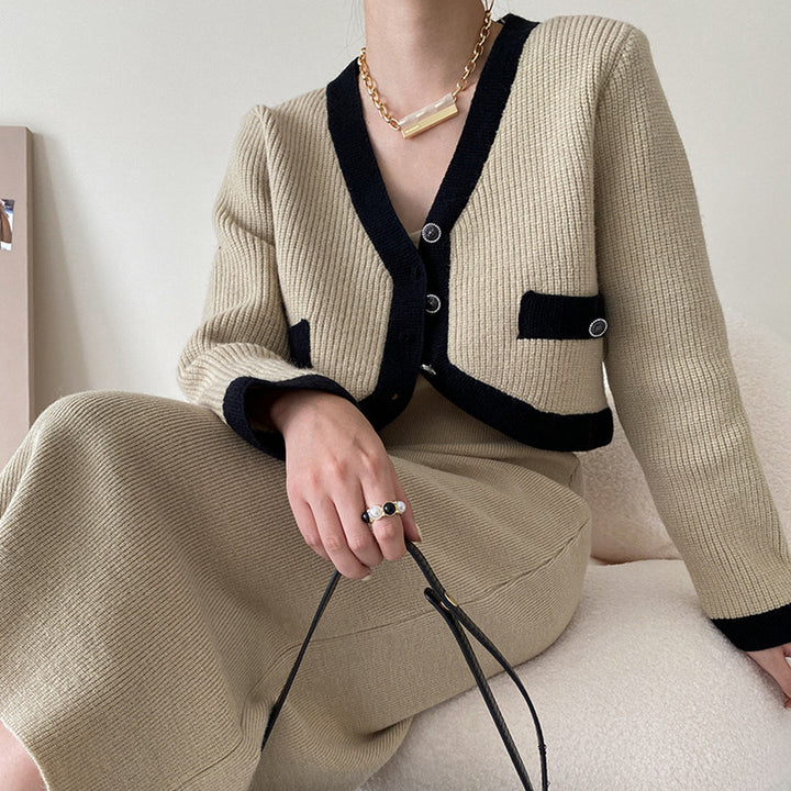 Damen modische Strickjacke mit Kontrastdetails und Taschen Drune