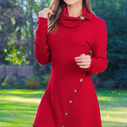 Damen nan figurbetontes A-Linien Strickkleid mit asymmetrischer Zierknopfleiste und hohem Kragen Drune