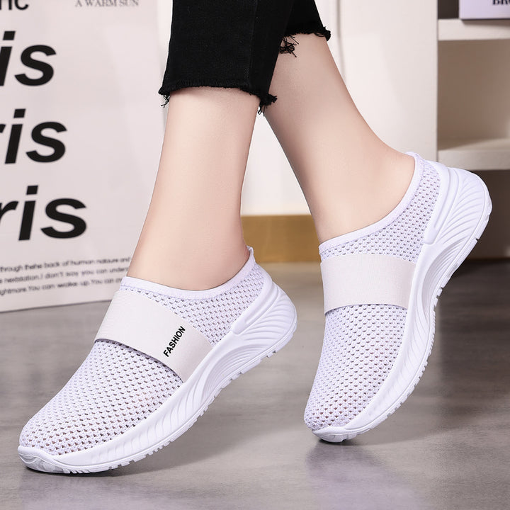 Damen nan atmungsaktive Strick-Slipper mit elastischem Mittelriemen und stoßabsorbierender Wellenlaufsohle Drune