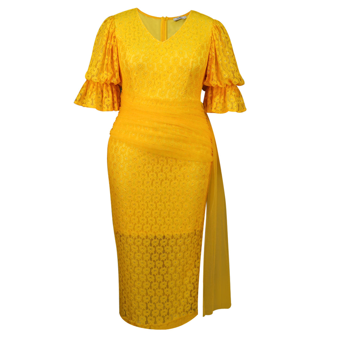 Damen elegantes Spitzenteil Kleid mit voluminösen Rüschensäumen Drune