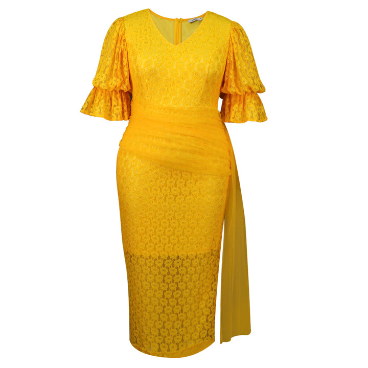 Damen elegantes Spitzenteil Kleid mit voluminösen Rüschensäumen Drune