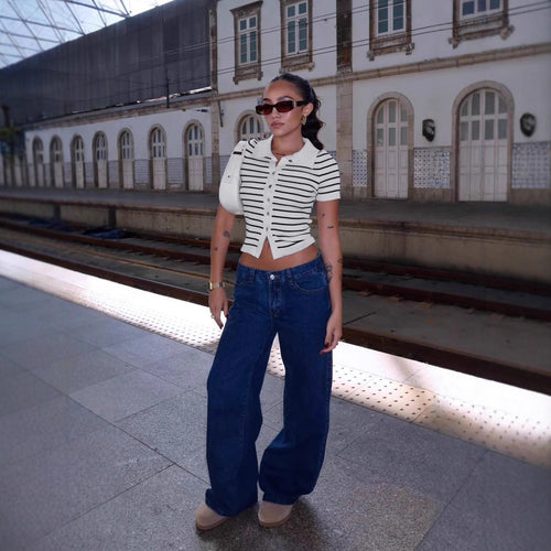 Damen Kurzarmshirt mit klassischem Polokragen und gestreiftem Design Drune