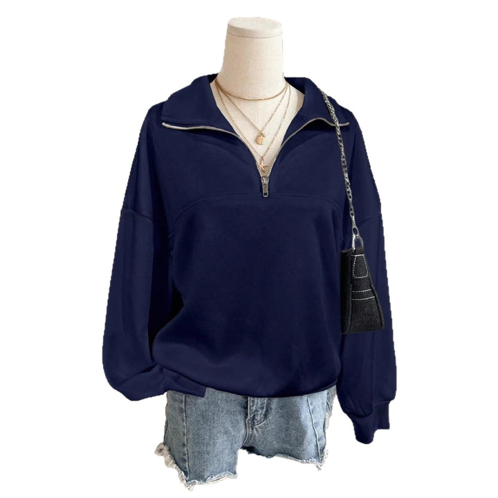 Damen nan Oversize Sweatshirt mit halbem Reißverschluss, Stehkragen und Ballonärmeln Drune