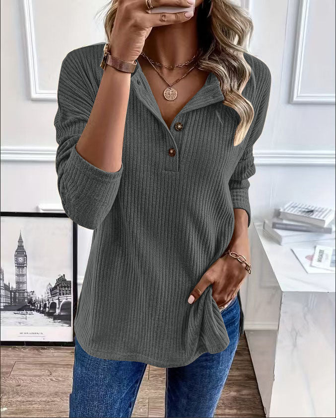 Damen Freizeit-Ripp-Pullover mit Knopfleiste und 3/4-Ärmeln Drune