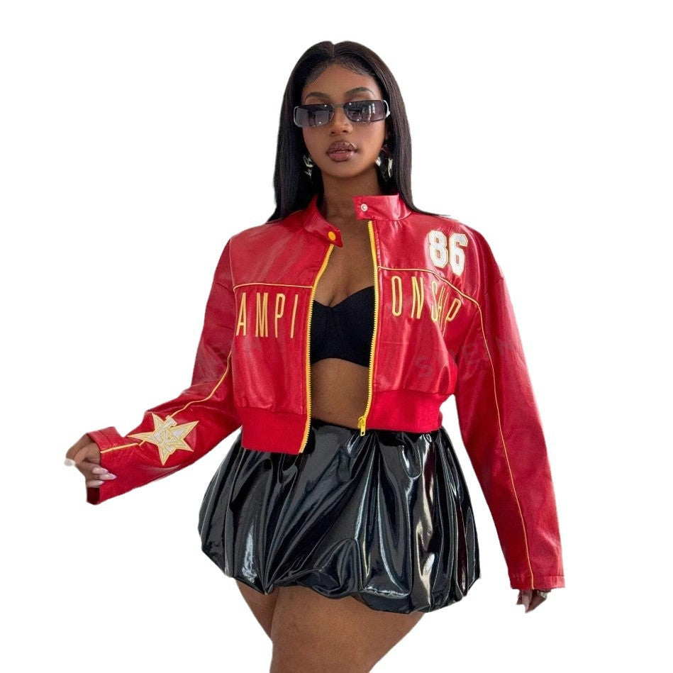 Damen cropped Kunstlederjacke mit sportiven Details Drune