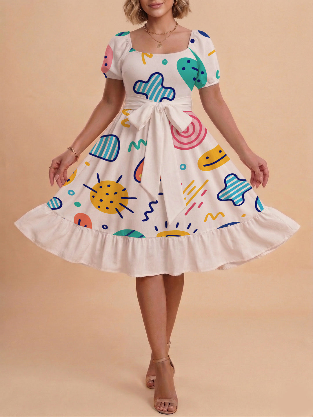 Damen Sommerkleid mit floralem Puffärmel und taillierbarem Gürtel Drune