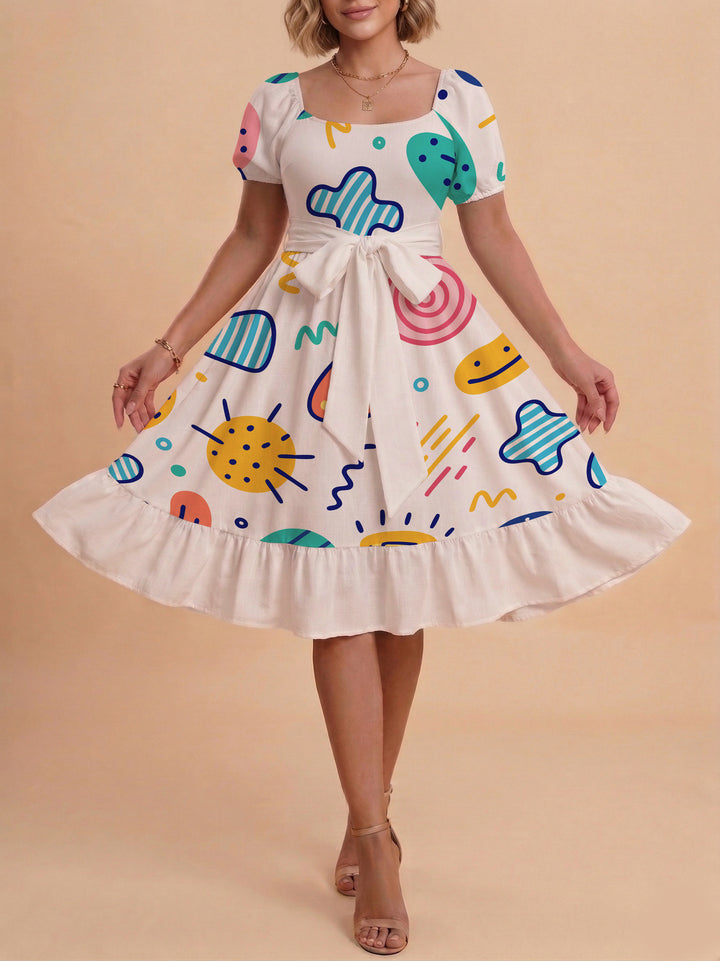 Damen Sommerkleid mit floralem Puffärmel und taillierbarem Gürtel Drune