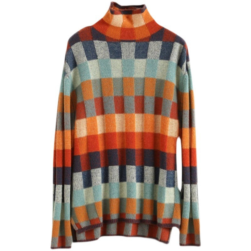 Damen Strickpullover mit modernem Karomuster und hohem Kragen Drune
