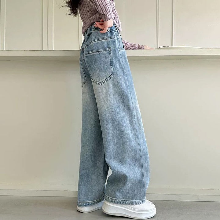 Damen weite Denim-Hose mit hoch tailliertem Schnitt Drune
