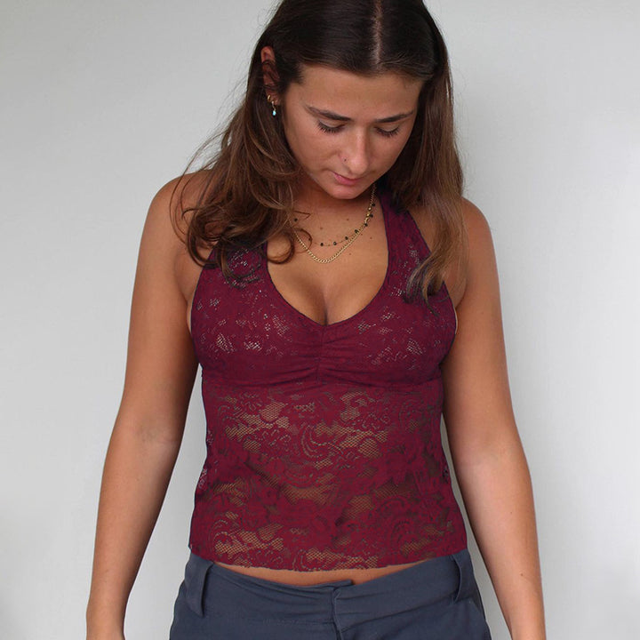 Damen Spitzen-Haltertop mit floralem Muster und tiefem V-Ausschnitt Drune