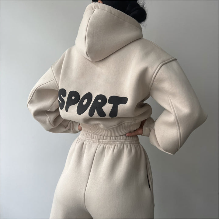 Damen modisches sportliches Set mit cropped Hoodie und weiten Jogginghosen Drune