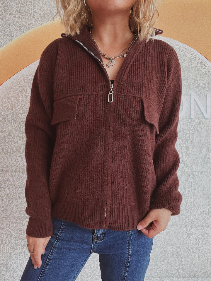 Damen lässige Strickjacke mit praktischen Taschen und hohem Kragen Drune