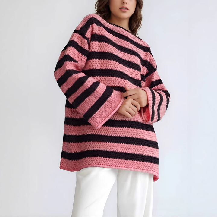 Damen lässiger Strickpullover mit kontrastierenden Streifen und weitem Schnitt Drune