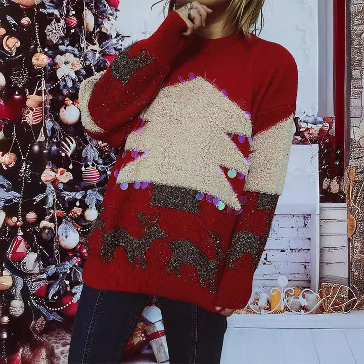 Damen festlicher Pullover mit weihnachtlichem Motiv und Glitzerapplikationen Drune