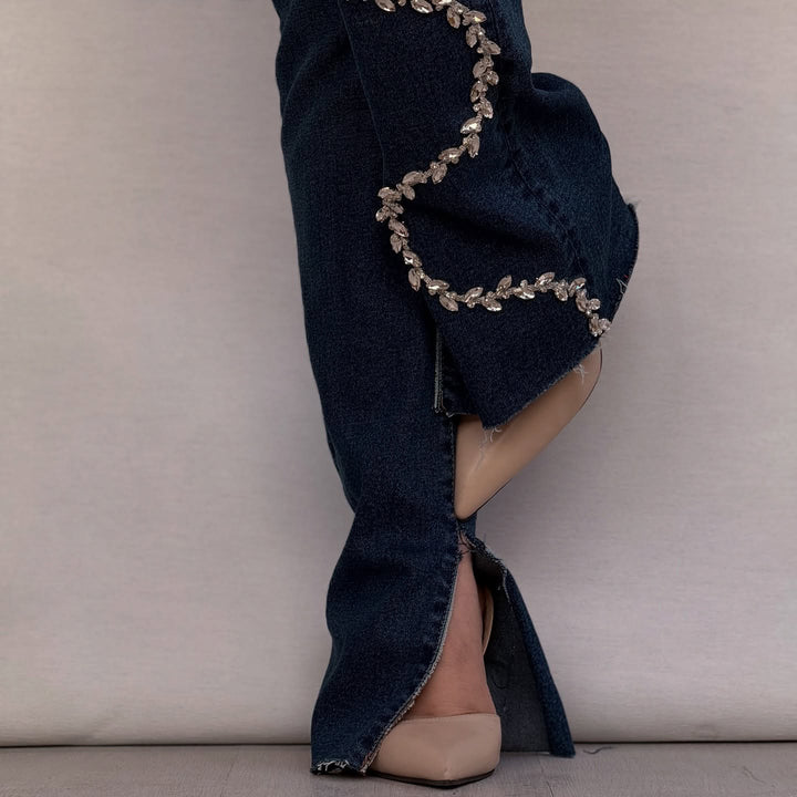 Damen Bootcut-Jeans mit glitzernden Applikationen und fransigen Abschlüssen Drune