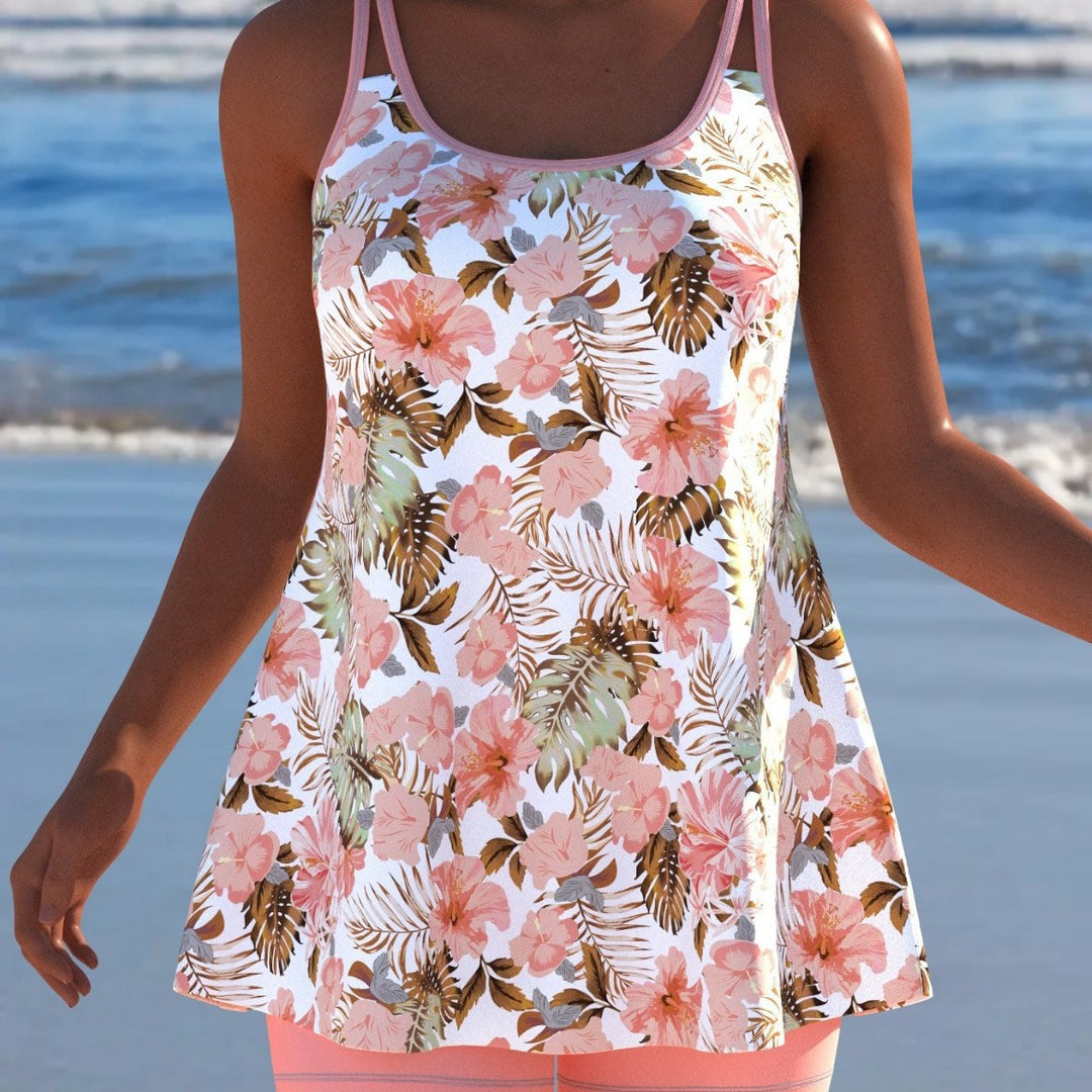 Damen Schwimmanzug in Plissee-Optik mit floralen Mustern und bequemen Shorts Drune