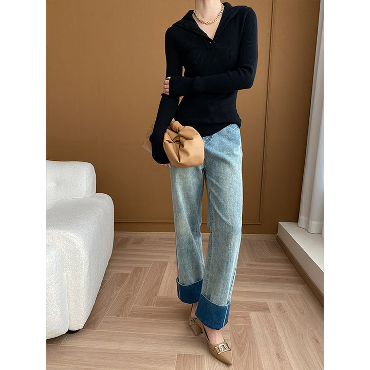 Damen elegantes Langarmshirt mit Knopfleiste Drune