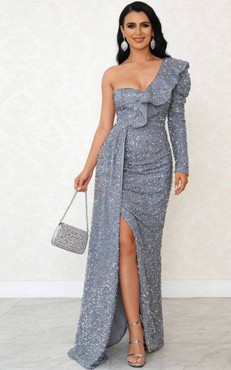 Damen Glamouröses Abendkleid mit asymmetrischem Cut und funkelnden Pailletten Drune