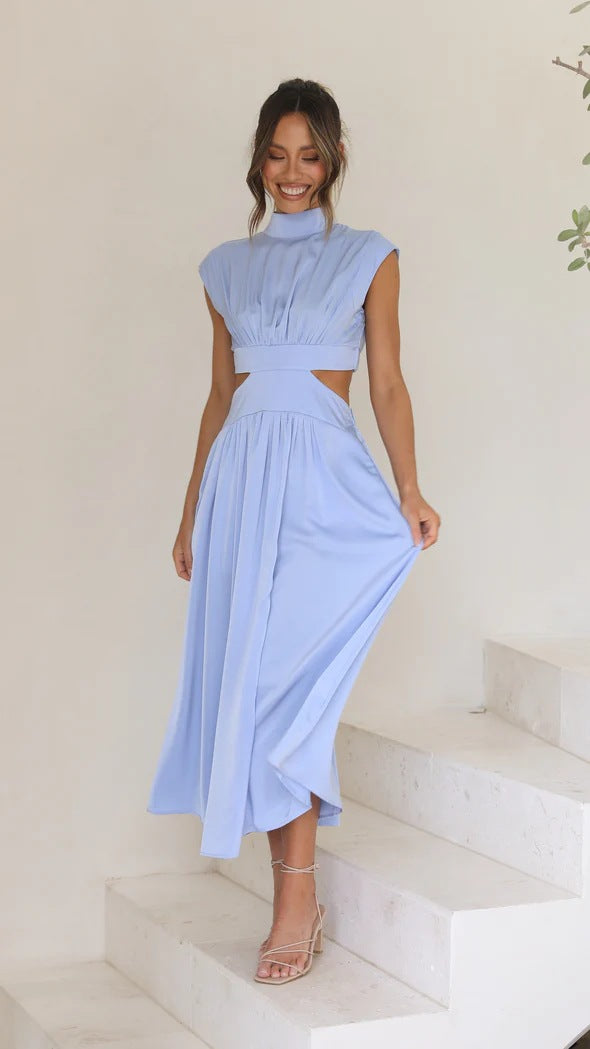 Damen elegantes Maxikleid mit hohem Kragen und seitlichen Cut-Outs Drune