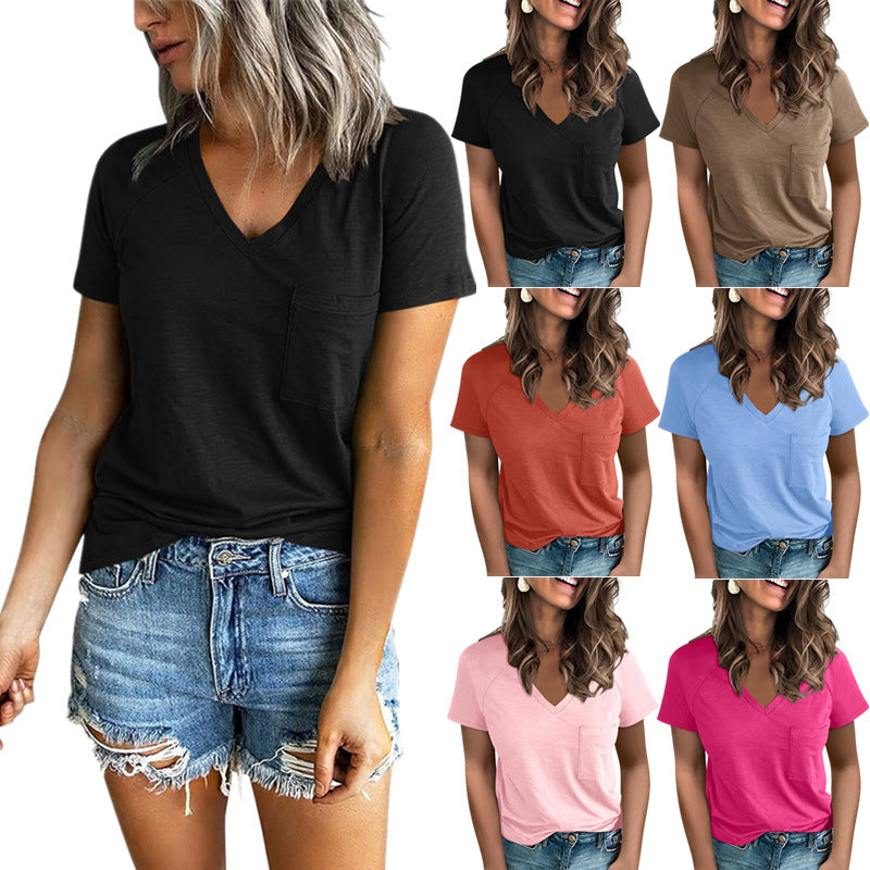 Damen V-Ausschnitt T-Shirt mit Brusttasche und lockerem Schnitt Drune