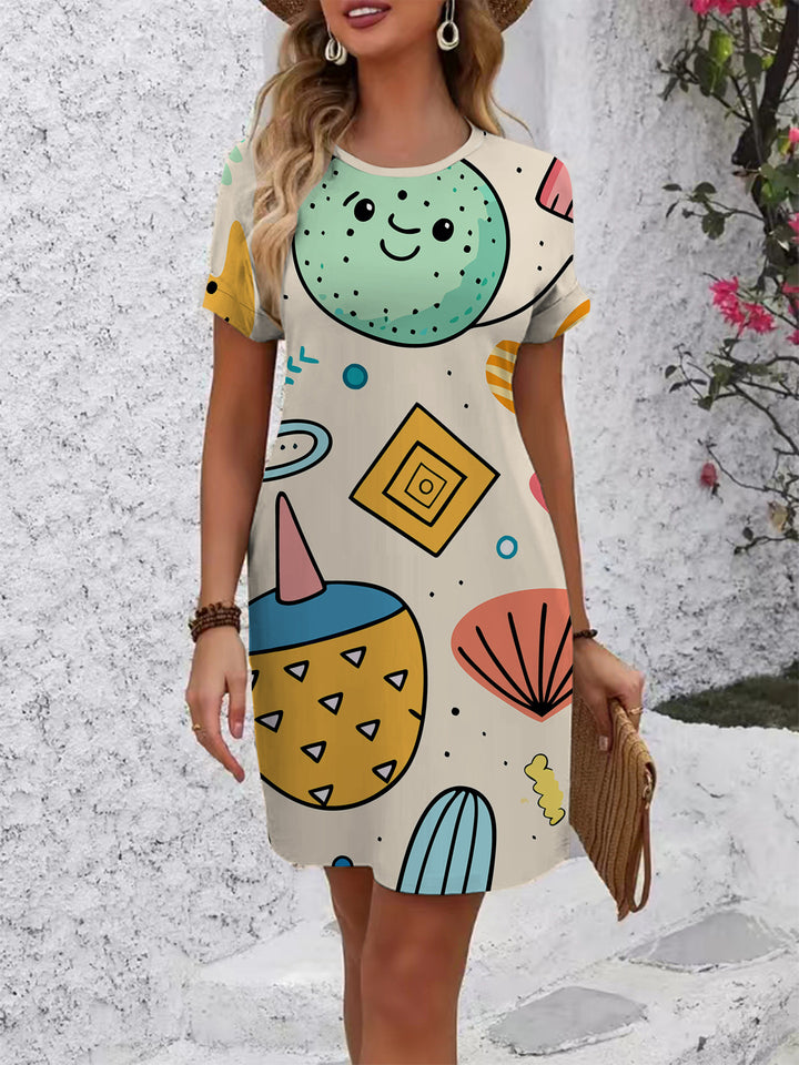 Damen lässiges T-Shirt Kleid mit kreativem Stempel-Design Drune