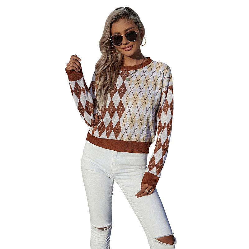 Damen eleganter Strickpullover mit Rautenmuster Drune