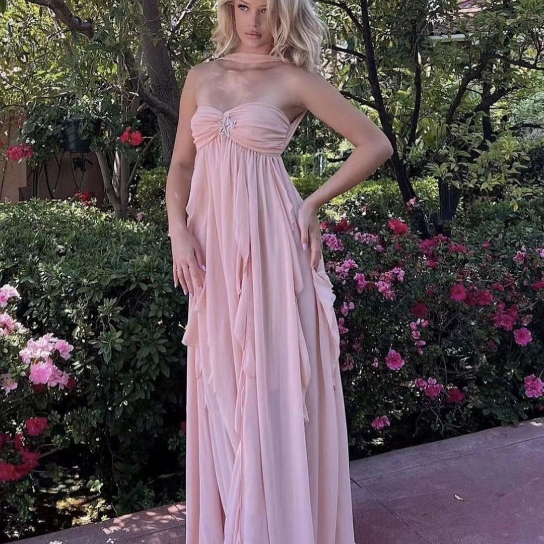 Damen Elegantes Maxi-Kleid mit asymmetrischem Saum und zarten Rüschendetails Drune