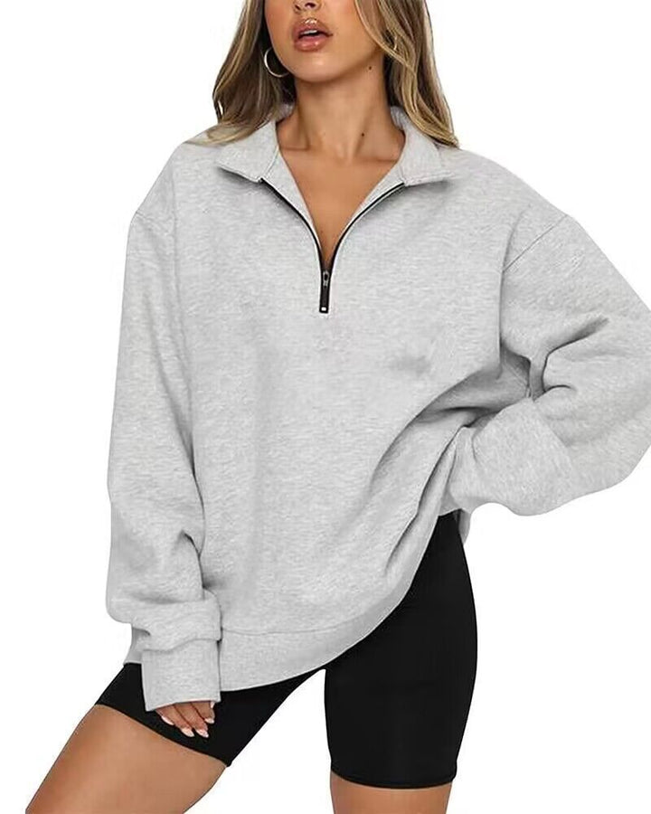 Damen nan oversized Sweatshirt mit halbem Reißverschluss, weichem Fleece-Innenfutter und Kängurutasche Drune