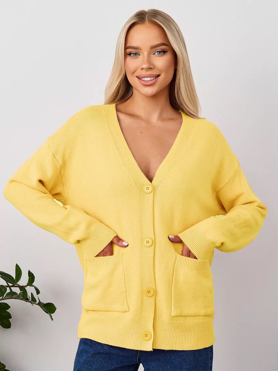 Damen lässiger Strickcardigan mit V-Ausschnitt und praktischen Taschen Drune