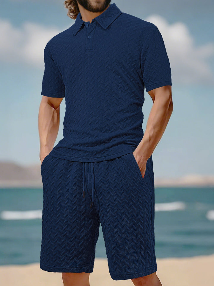 Herren nan geprägtes Strand-Ensemble mit offenem Kurzarm-Hemd und Kordel-Bermuda Drune