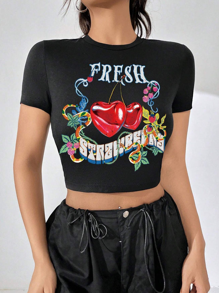 Damen Crop-Top mit floralem Grafikdruck und figurbetontem Schnitt Drune