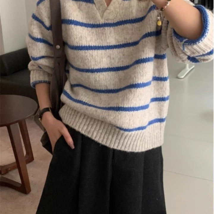 Damen Strickpullover mit V-Ausschnitt und Streifen Drune