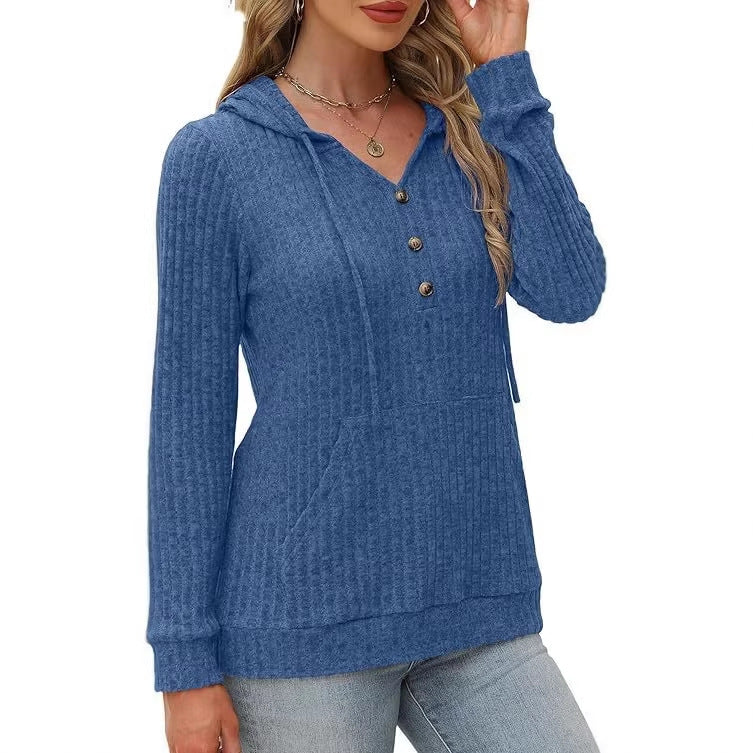 Damen kuscheliger Kapuzenpullover mit Knopfleiste und seitlichen Taschen Drune