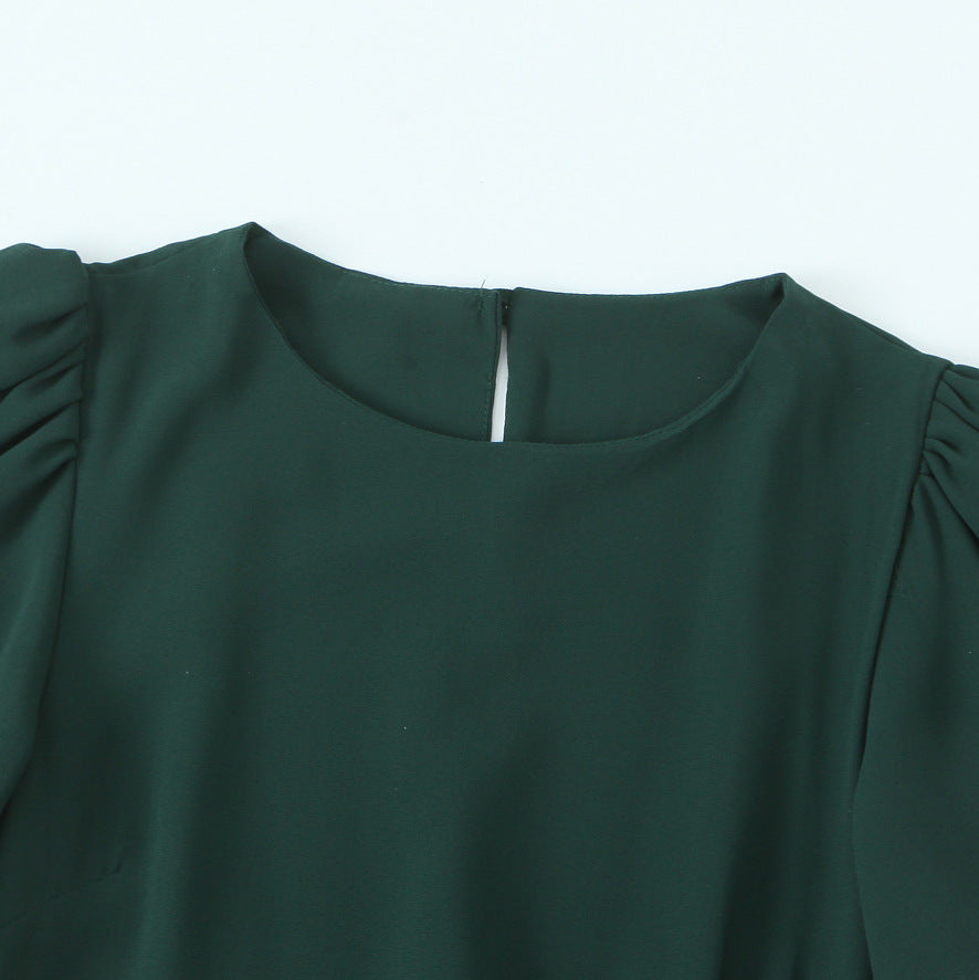 Damen elegantes Maxikleid mit voluminösen Puffärmeln und schwingendem Rock Drune